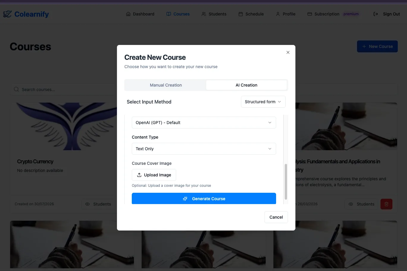 The platform's Create New Course dialog with the AI Creation tab selected, offering a structured form, model choice, content type and cover image before generating