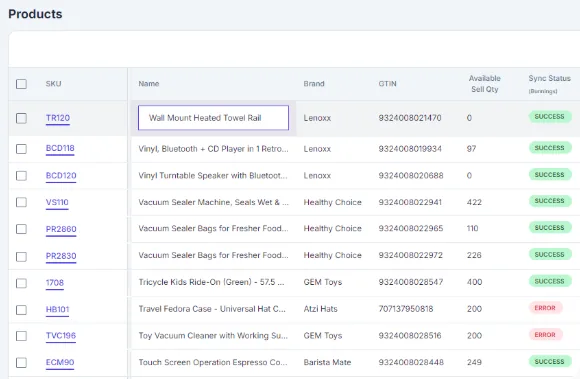 Product catalogue table with SKU, brand, GTIN, available sell quantity and per-channel sync status
