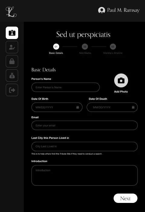 Step one of the builder: a form for the person's name, dates of birth and death, email, last city and a short introduction