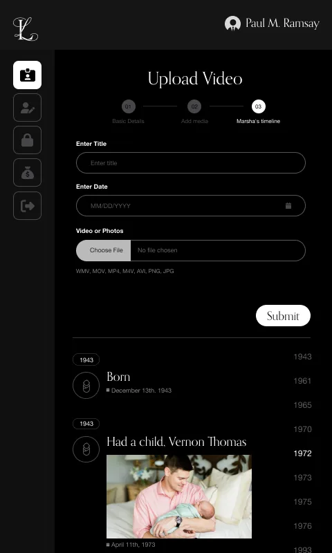 Step three of the builder: a titled, dated entry being added above a scrolling timeline of years
