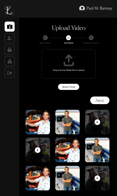 Step two of the builder: a drag-and-drop upload area above a grid of photographs and videos already added