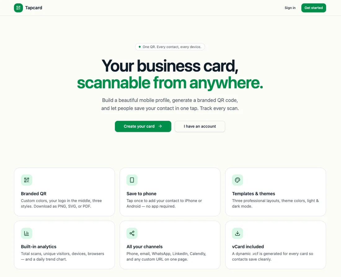 Tapcard landing page with its card-builder pitch above feature cards for branded QR codes, saving to phone, themes, analytics, channels and vCards